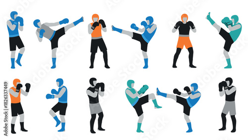 Martial arts training vector set with boxers and kickboxers in action