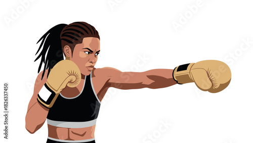 Female boxer in action with punching gloves for sports design and fitness inspiration
