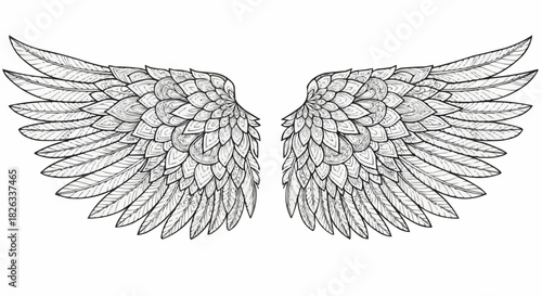 Detailed Line Art Drawing of Angel Wings Spread Open.