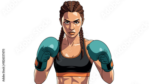 Empowered female boxer illustration with braided hair in boxing pose