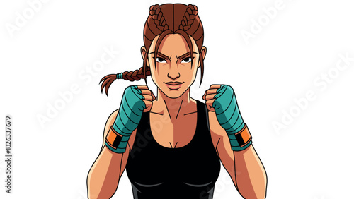 Determined female boxer with braids in fighting stance for sports illustration and design