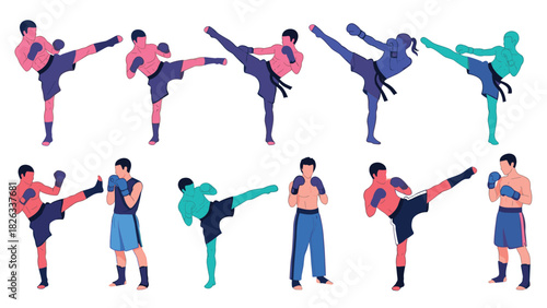 Martial arts fighters in action poses for fitness training and illustration design