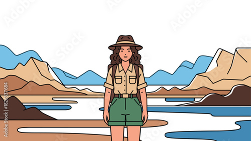 Explorer woman in adventure hat standing in scenic landscape for travel and exploration design