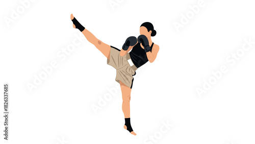 Female martial artist performing high kick with boxing gloves for fitness and self defense themes