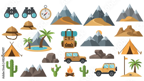 Outdoor adventure elements with mountains, compass, tent, jeep, and binoculars for travel design