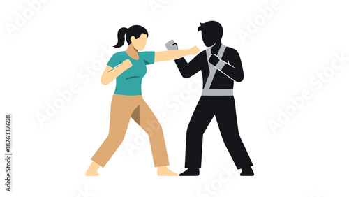 Self-defense training illustration featuring woman and man sparring in martial arts combat