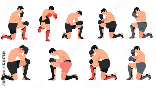 Diverse kneeling boxing poses for sports training and fitness design