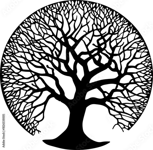 Intricate circular tree of life silhouette, elegant design on white. isolated on white background, Vector