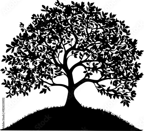 Stylized black silhouette of a leafy tree on a grassy hill top isolated on white background, Vector