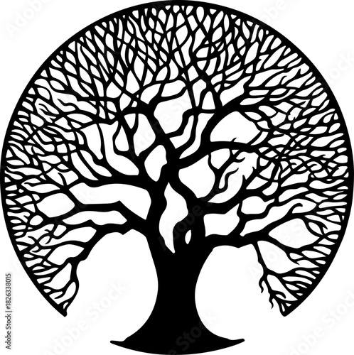 Stylized black tree of life cutout symbol on white wall decor isolated on white background, Vector