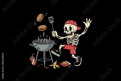 Skeleton chef grilling burgers and food on a barbecue.