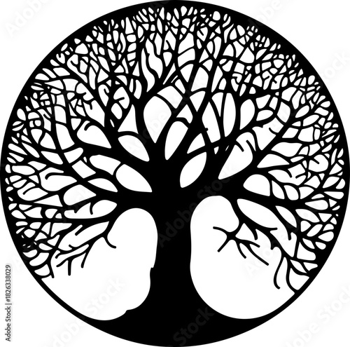 Black tree of life silhouette art, round organic design symbol isolated on white background, Vector