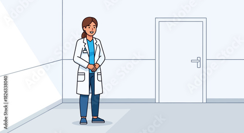 Doctor in a white coat standing in a room with a door.