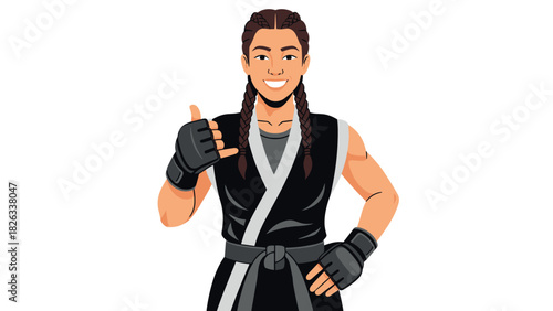 Smiling martial artist with braided hair in black and white uniform gesture for confidence and strength illustration for print and card design