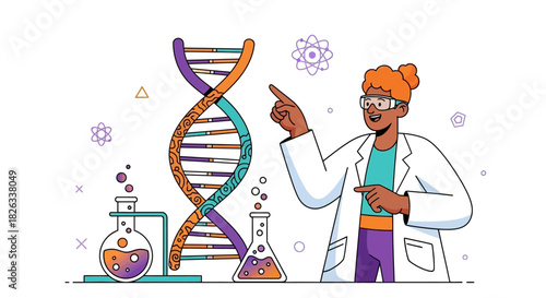 Scientist pointing at DNA model with beakers in a lab.