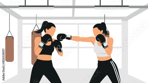 Women boxing training in gym with punching bags for fitness and self-defense