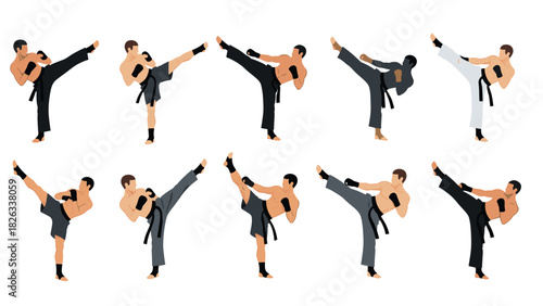 Martial arts training set: karate kick techniques illustration for educational design and sports enthusiasts