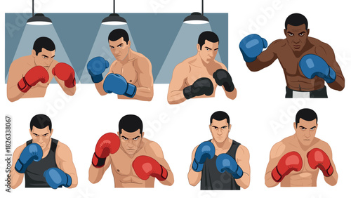 Boxing fighters illustration - diverse male athletes with gloves in different poses for sports poster or print design