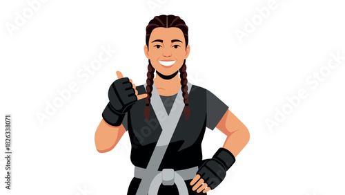 Young martial artist in training with braided hair wearing protective gear for self defense classes