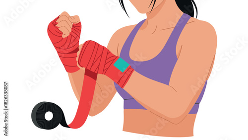 Female boxer wrapping hands with red tape vector illustration for fitness motivation and sports design