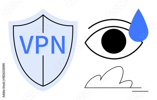 VPN shield symbol, abstract eye with tear, and cloud icon illustrating internet security, privacy, protection, data safety, anonymity, digital surveillance, and online trust in a simple flat metaphor