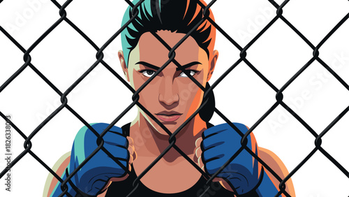 Determined female fighter behind cage fence in boxing gloves illustration
