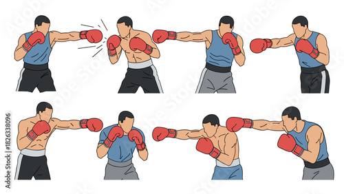 Boxing techniques illustration: punches and defense movements for training and fitness