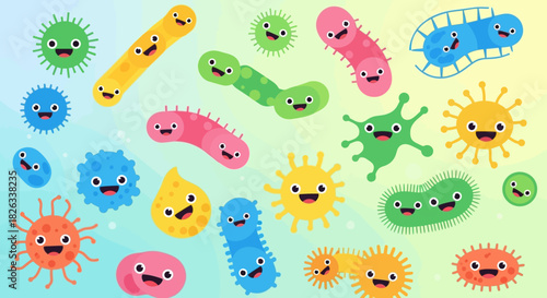 Colorful cartoon bacteria and germs illustrated on a light blue background with playful faces.