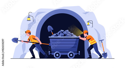 Two miners operate a mining cart inside a dim tunnel filled with rocks and heavy equipment.