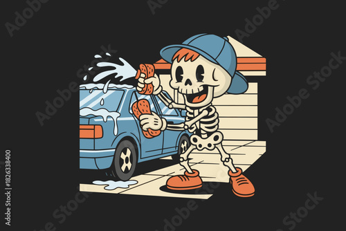 Skeleton character washing a car with a sponge and soap.