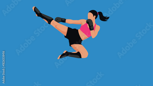 Female martial artist performing a jump kick in athletic gear for sports design