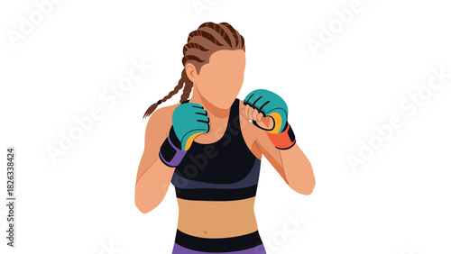 Female boxer in defensive stance with braided hair illustration for sports design