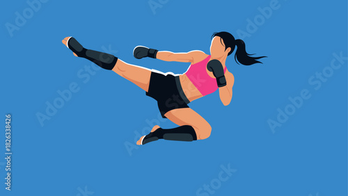 Dynamic martial arts woman performing high kick in midair - ideal for sports magazine or poster design