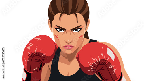 Fierce female boxer ready for match with determined expression and red boxing gloves