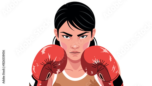 Focused female boxer illustration for sports poster or fitness design