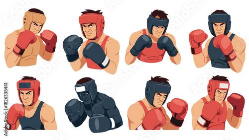 Competitive boxing illustrations featuring determined athletes in various poses for sports design and branding