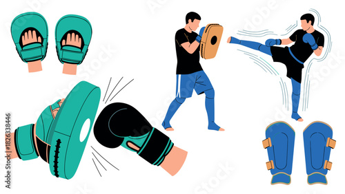 Martial arts training and techniques with boxing gloves and protective gear for fitness and self defense