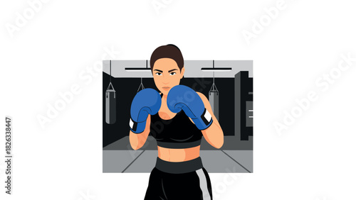 Female boxer in gym preparing for training with determination and strength illustration