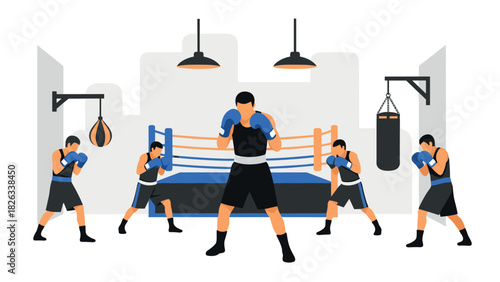 Boxing training illustration with five fighters in gym for sports design