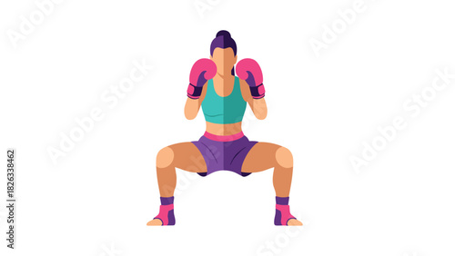 Female boxer in vibrant outfit practicing squats for fitness and training design