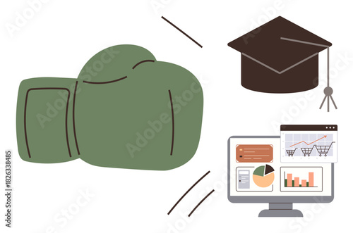 Green boxing glove, graduation cap, and computer monitor displaying charts and shopping carts. Ideal for competition, education, strategy, analysis, e-commerce, achievement and teamwork in a simple