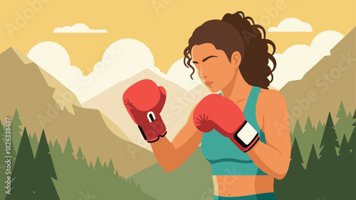 Female boxer training in mountain landscape for fitness motivation and poster design