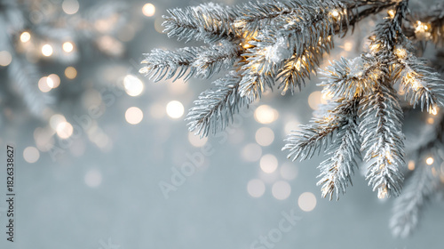 Close up of frosted pine branches with bokeh lights creating a winter holiday background scene