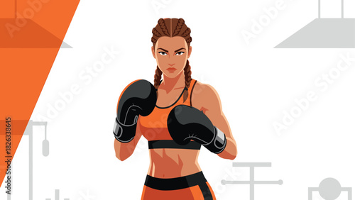 Female boxer in orange workout gear ready for a fight in gym setting