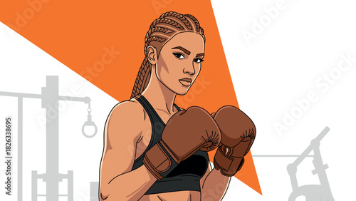 Female boxer illustration with orange triangle background - gym design for posters and prints