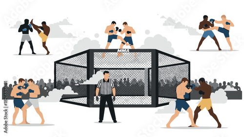 Mixed martial arts competition with fighters and referee in arena setting for sports design
