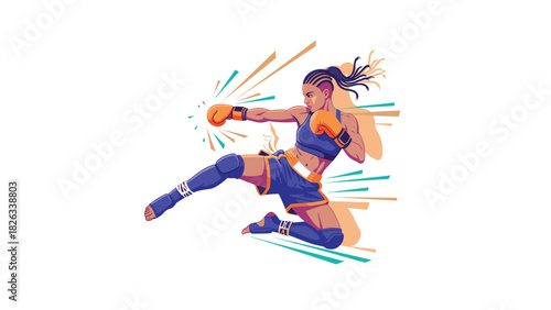 Dynamic martial arts illustration of a female kickboxer in action