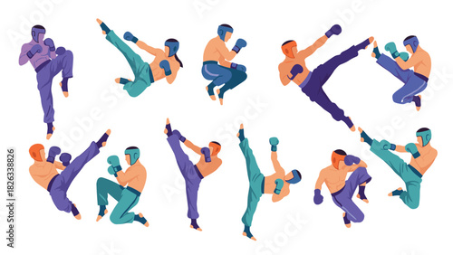 Martial arts sparring fighters showcasing dynamic kicks and punches for sports design