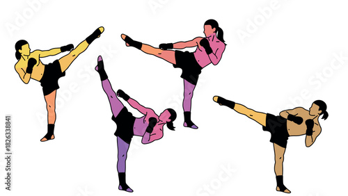 Dynamic martial arts kickboxing silhouettes in motion for fitness and training design