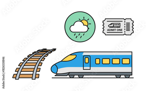 Train travel and railway journey planning icons